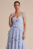 Lichtblauwe A-lijn gerimpelde midi bruiloftsjurk