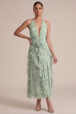 Salie-halter bedrukte midi trouwjurk met ruches en 3D-bloemen
