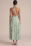 Salie-halter bedrukte midi trouwjurk met ruches en 3D-bloemen