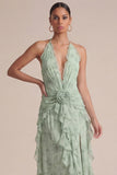 Salie-halter bedrukte midi trouwjurk met ruches en 3D-bloemen