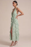 Salie-halter bedrukte midi trouwjurk met ruches en 3D-bloemen