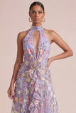Lila geappliqueerde halter Een lijnvormige midi-jurk met ruches en 3D-bloemen