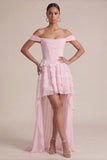 Roze Off the Shoulder A-lijn Corset Jurk met ruches als bruiloftsgast