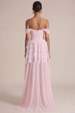 Roze Off the Shoulder A-lijn Corset Jurk met ruches als bruiloftsgast