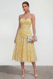 Gele Sweetheart gerimpelde kant midi jurk