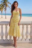 Gele Sweetheart gerimpelde kant midi jurk