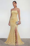 Geel kant strapless zeemeermin lange trouwjurk met split