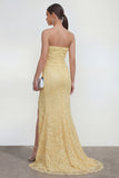 Geel kant strapless zeemeermin lange trouwjurk met split