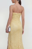Geel kant strapless zeemeermin lange trouwjurk met split