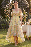 Off-the-shoulder A-lijn gele tule geborduurde bloemenjurk met puffmouwen