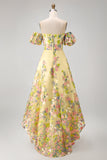 Off-the-shoulder A-lijn gele tule geborduurde bloemenjurk met puffmouwen