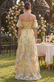 Off-the-shoulder A-lijn gele tule geborduurde bloemenjurk met puffmouwen