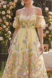 Off-the-shoulder A-lijn gele tule geborduurde bloemenjurk met puffmouwen