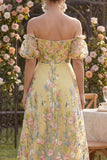 Off-the-shoulder A-lijn gele tule geborduurde bloemenjurk met puffmouwen