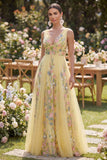 Pastel Geel A-lijn V-halslijn bloemen geborduurde maxi jurk