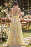 Pastel Geel A-lijn V-halslijn bloemen geborduurde maxi jurk