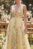 Pastel Geel A-lijn V-halslijn bloemen geborduurde maxi jurk
