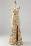 Meermin Champagne Halter Neck Geborduurde Lange Bloemenjurk met Split