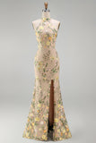 Meermin Champagne Halter Neck Geborduurde Lange Bloemenjurk met Split