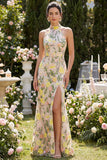 Meermin Champagne Halter Neck Geborduurde Lange Bloemenjurk met Split