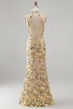 Meermin Champagne Halter Neck Geborduurde Lange Bloemenjurk met Split