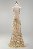 Meermin Champagne Halter Neck Geborduurde Lange Bloemenjurk met Split