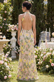 Meermin Champagne Halter Neck Geborduurde Lange Bloemenjurk met Split