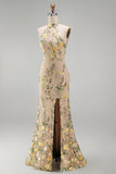 Meermin Champagne Halter Neck Geborduurde Lange Bloemenjurk met Split