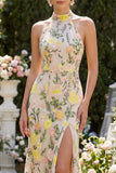 Meermin Champagne Halter Neck Geborduurde Lange Bloemenjurk met Split