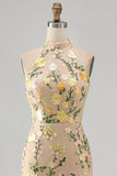 Meermin Champagne Halter Neck Geborduurde Lange Bloemenjurk met Split