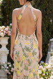 Meermin Champagne Halter Neck Geborduurde Lange Bloemenjurk met Split