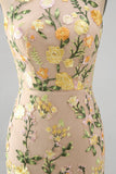 Meermin Champagne Halter Neck Geborduurde Lange Bloemenjurk met Split
