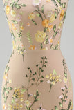 Meermin Champagne Halter Neck Geborduurde Lange Bloemenjurk met Split