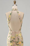 Meermin Champagne Halter Neck Geborduurde Lange Bloemenjurk met Split