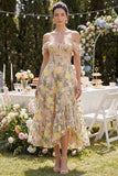 Off-the-shoulder A-lijn tule champagne korset geborduurde bloemen midi jurk