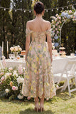 Off-the-shoulder A-lijn tule champagne korset geborduurde bloemen midi jurk