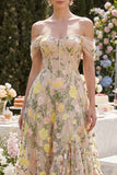 Off-the-shoulder A-lijn tule champagne korset geborduurde bloemen midi jurk