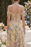 Off-the-shoulder A-lijn tule champagne korset geborduurde bloemen midi jurk