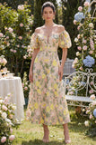 Tule off the shoulder champagne A-lijn geborduurde bloemenjurk midi jurk met pofmouwen
