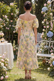 Tule off the shoulder champagne A-lijn geborduurde bloemenjurk midi jurk met pofmouwen