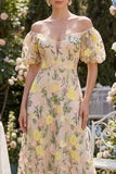 Tule off the shoulder champagne A-lijn geborduurde bloemenjurk midi jurk met pofmouwen