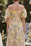 Tule off the shoulder champagne A-lijn geborduurde bloemenjurk midi jurk met pofmouwen