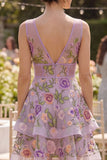 Lila A-lijn tule geborduurde bloemen V-hals Mini Cocktailjurk