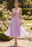 Strapless lila tule A-lijn geborduurde bloemen midi jurk