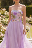 Strapless lila tule A-lijn geborduurde bloemen midi jurk
