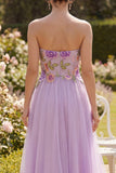 Strapless lila tule A-lijn geborduurde bloemen midi jurk