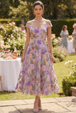 A-lijn off-the-shoulder lila tule geborduurde midi bloemenjurk