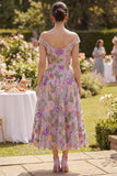 A-lijn off-the-shoulder lila tule geborduurde midi bloemenjurk