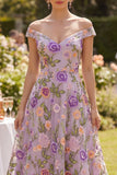 A-lijn off-the-shoulder lila tule geborduurde midi bloemenjurk