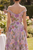 A-lijn off-the-shoulder lila tule geborduurde midi bloemenjurk